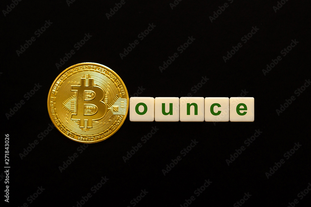 Word Bounce made up of cubes. The first letter of the word is symbolized by a bitcoin coin. Concept of strong BTC, bitcoin growth rate, price increase, blockchain confidence, positive price outlook. - obrazy, fototapety, plakaty 
