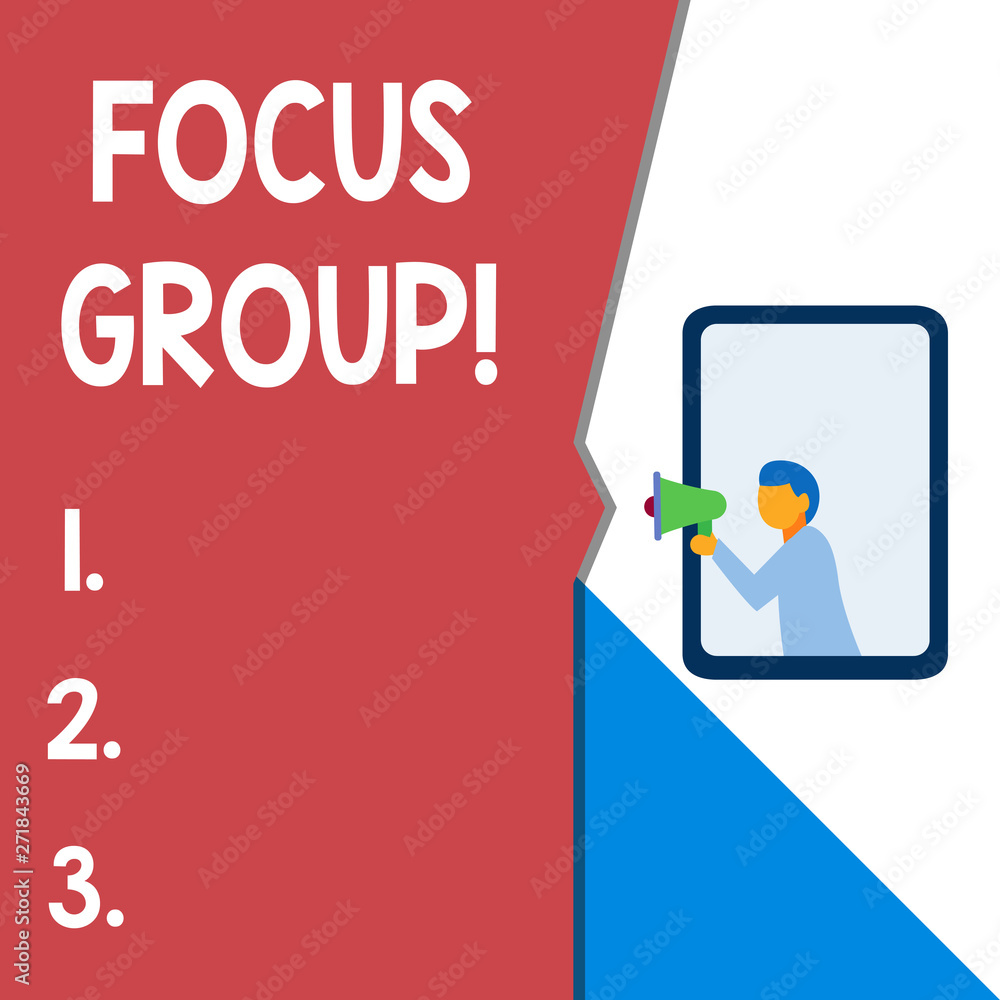 Text sign showing Focus Group. Business photo text showing assembled to participate in discussion about product Isolated geometrical background man chest holding megaphone speech bubble Text sign showing Focus Group. Business photo text showing assembled to participate in discussion about product Isolated geometrical background man chest holding megaphone speech bubble