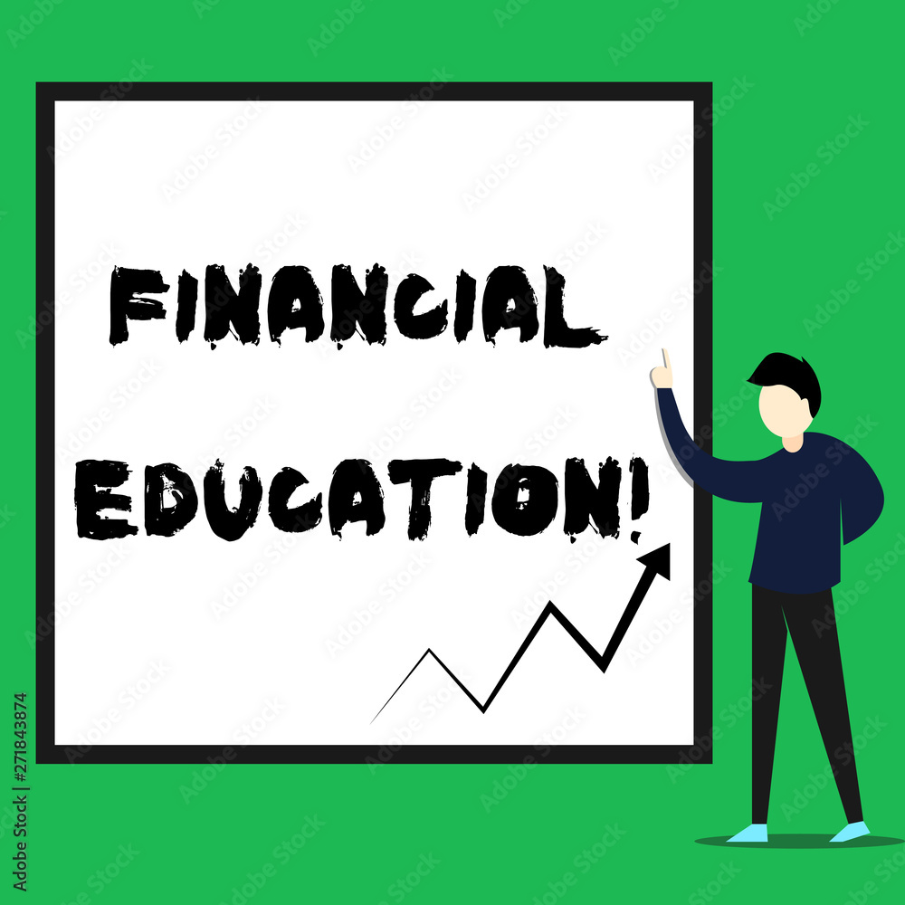 Writing note showing Financial Education. Business concept for Understanding Monetary areas like Finance and Investing Young man standing pointing up rectangle Geometric background Writing note showing Financial Education. Business concept for Understanding Monetary areas like Finance and Investing Young man standing pointing up rectangle Geometric background