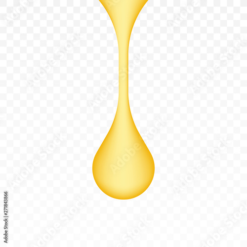 Oil drop, yellow water droplet or gold honey drip isolated on transparent background. Golden caramel. Vector stock illustration.