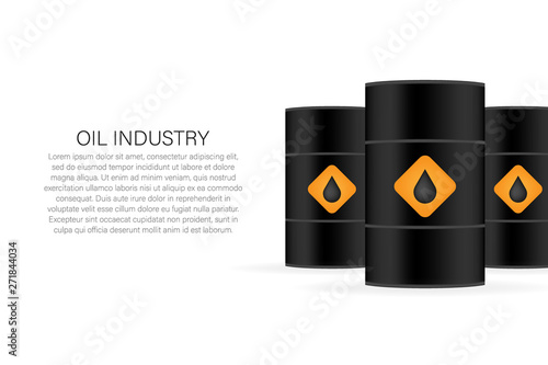 Oil industry. Blank realistic black oil barrel on white background. Vector stock illustration.