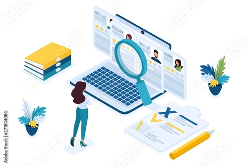 Isometric HR Manager, business recruiting manager reviews the resume options on the site. Concept for web design photo