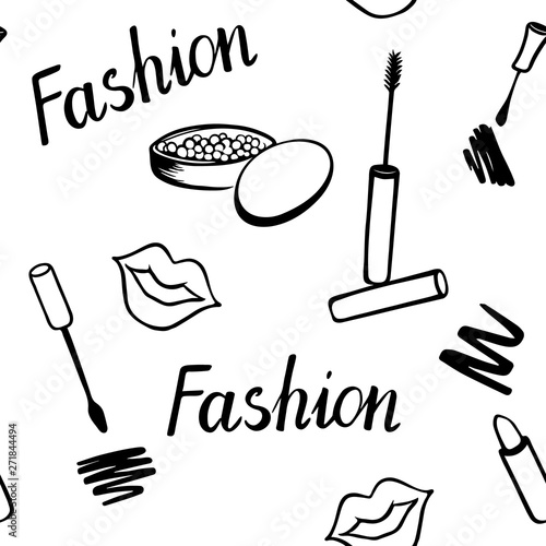 Black and white hand-drawn seamless pattern. Cosmetic. Lipstick, powder, mascara and nail Polish. Fashion vector illustration