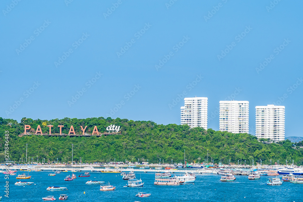 Beautiful Sea ocean bay landscape of Pattaya city in on blue sky in Thailand