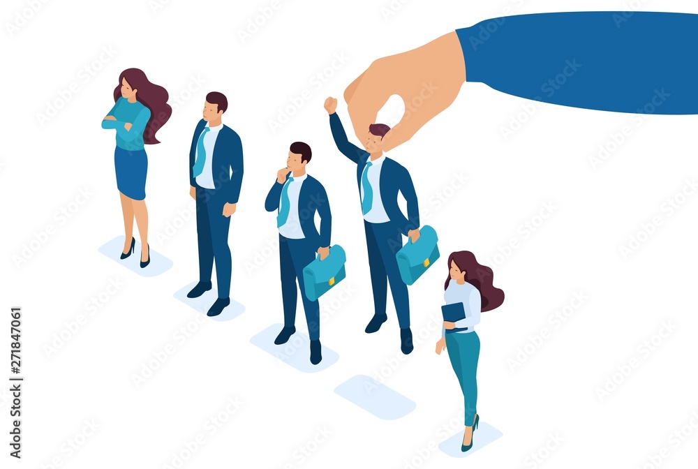 Isometric Employer hand choosing man from selected group of people, recruiting concept. Concept for web design Isometric Employer hand choosing man from selected group of people, recruiting concept. Concept for web design