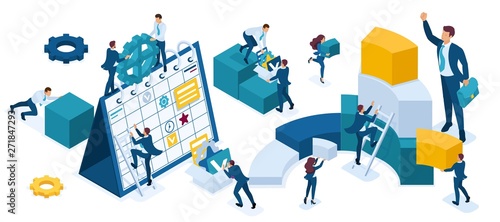 Isometric set of business people who make up planning, data collection, graphs, charts, young businessmen