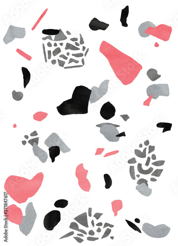 Watercolor terrazzo background grey  pink  black on white