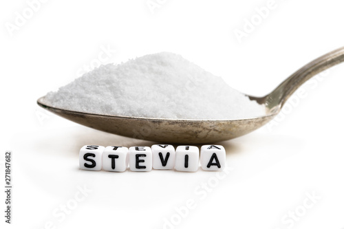 Foto Spoon full of sugar substitute stevia. No sugar concept