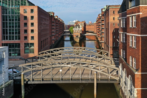 Hamburg Hafencity. Weltkulturerbe Speicherstadt mit Wasserschloss und Elbphilharmonie. Luftaufnahme photo