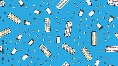 Seamless pattern texture of endless repetitive medicine tablets pills dragee capsules records cans of packs with medicines vitamins drugs on a blue background flat lay top view. Vector illustration