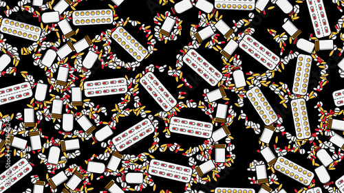 Seamless pattern texture of endless repetitive medicine tablets pills dragee capsules records cans of packs with medicines vitamins drugs on a black background flat lay top view. Vector illustration