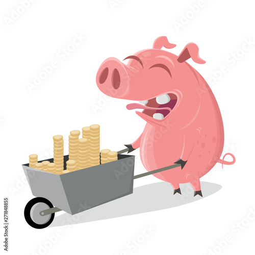 funny cartoon pig with money pushcart