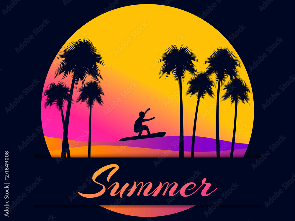 Summer background with a surfer and palm trees on a sunset background. Gradient yellow and purple. Vector illustration