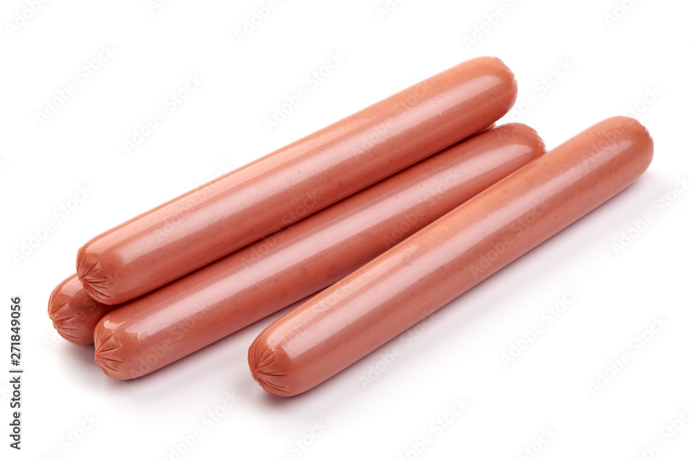 Fresh chicken hot dog sausages, for barbeque or grill, close-up, isolated on white background Fresh chicken hot dog sausages, for barbeque or grill, close-up, isolated on white background