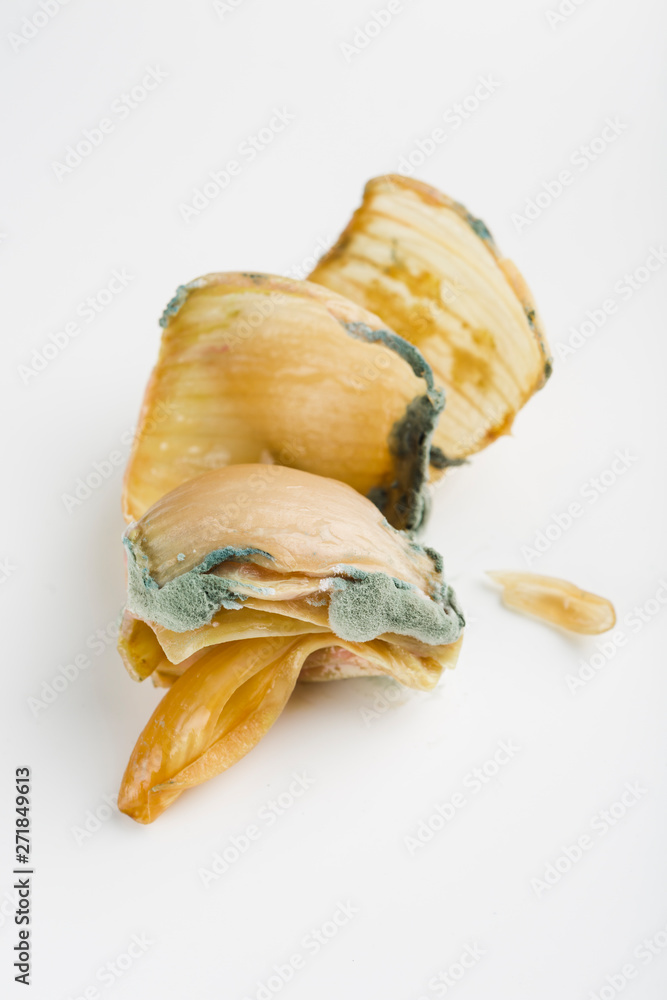 ugly onions with mold on white background