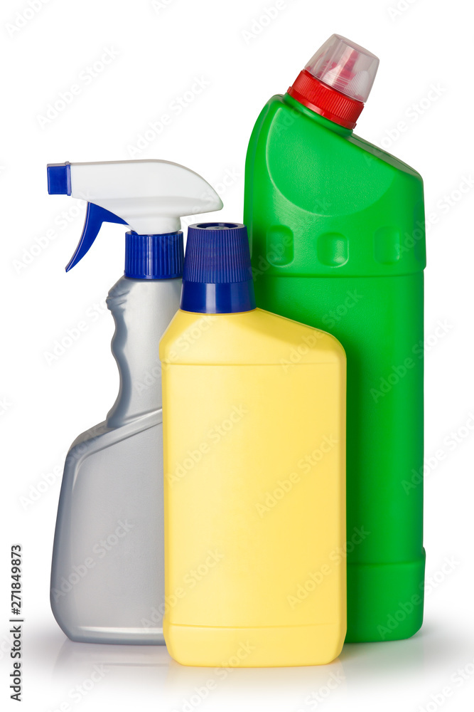plastic bottles of cleaning product. isolated on white background.
