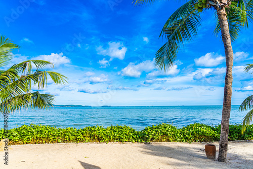 Beautiful landscape of beach sea ocean with coconut palm tree with white cloud and blue sky © siraphol