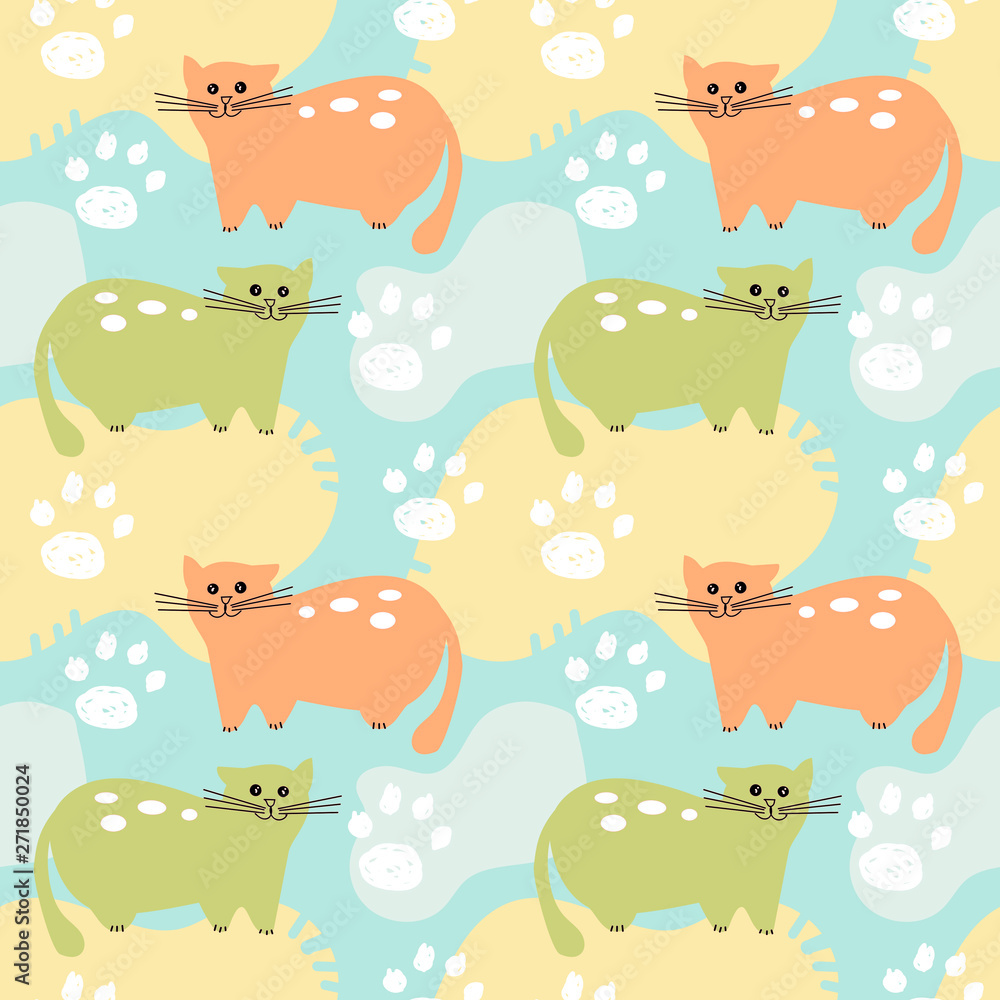 Pattern from colorful cats. Cute Pets in cartoon style. Seamless pattern in pastel colors. A pack of cats.