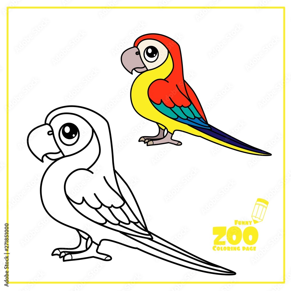 Cute cartoon Ara parrot color and outlined on a white background for coloring page Cute cartoon Ara parrot color and outlined on a white background for coloring page