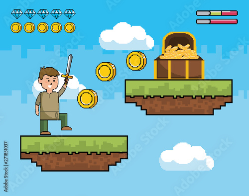 boy with sword and coins inside of coffer with life bars