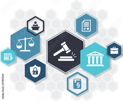 Law practice / legal representation / justice system – abstract icon concept with hexagon shapes. Vector illustration photo