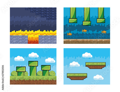 set of videogame pixelated graphic scene