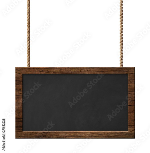 Blackboard with dark wooden frame hanging on ropes isolated on white background
