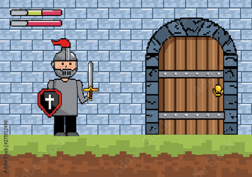 sir boy with shield and sword with castle door