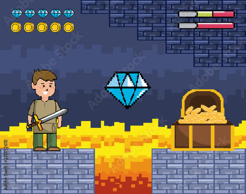 boy with sword and diamonds with coins bars and coffer