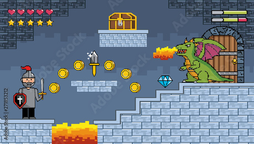 sir boy and dragon spits fire with coffer and coins