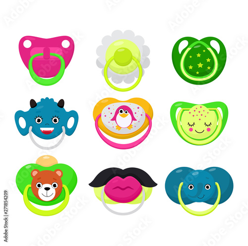 Pacifier vector baby soother child nipple and kids rubber nipple illustration set of cartoon comforter to pacify newborn children isolated on white background