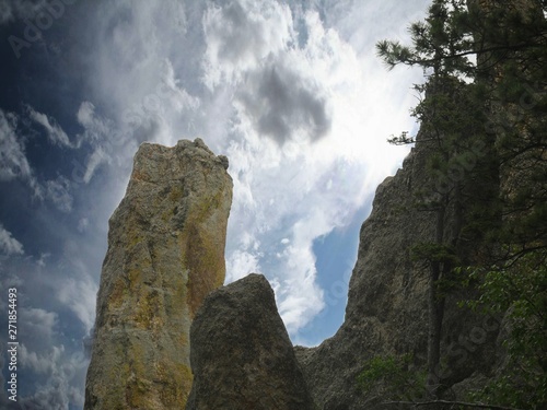 Upward shot of imposing granite and rock formations along Needles Highway at Custer State Park, South Dakota.