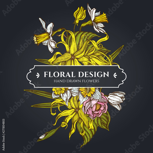 Floral bouquet dark design with ylang-ylang, daffodil, lotus