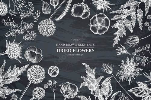 Floral design with chalk astilbe, craspedia, blue eryngo, lagurus, cotton, gypsophila
