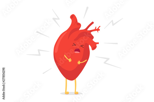 Cartoon heart character unhealthy sick emoji pain emotion. Vector circulatory organ with lightning bolts heart attack concept illustration
