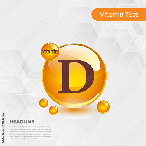 Vitamin D gold shining pill capcule icon, cholecalciferol. golden Vitamin complex with Chemical formula substance drop. Medical for heath Vector illustration