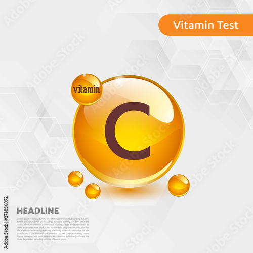 Vitamin C gold shining pill capcule icon, cholecalciferol. golden Vitamin complex with Chemical formula substance drop. Medical for heath Vector illustration