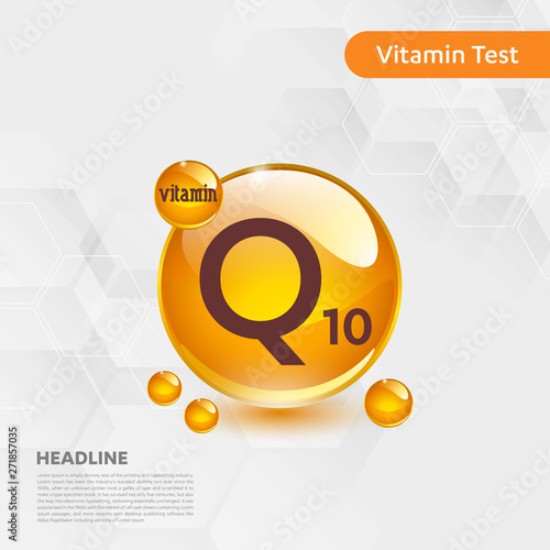 Vitamin Q10 gold shining pill capcule icon, cholecalciferol. golden Vitamin complex with Chemical formula substance drop. Medical for heath Vector illustration