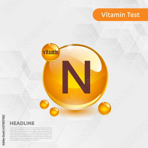 Vitamin N gold shining pill capcule icon, cholecalciferol. golden Vitamin complex with Chemical formula substance drop. Medical for heath Vector illustration