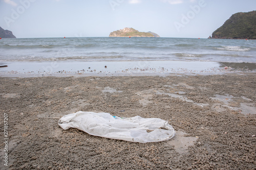 Plastic bag on the beach With sea and sky in the background, Out of focus background, Zero-Waste and Plastic-Free