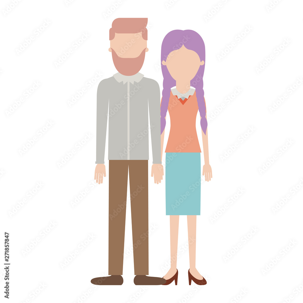 faceless couple colorful silhouette and him with beard and shirt and pants and shoes with side parted hairstyle and her with blouse and skirt and heel shoes with braided hair