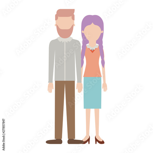 faceless couple colorful silhouette and him with beard and shirt and pants and shoes with side parted hairstyle and her with blouse and skirt and heel shoes with braided hair