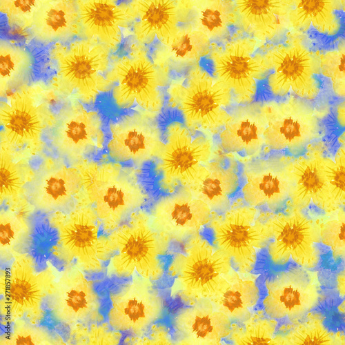 Seamless pattern with abstract watercolor flowers. yellow and orange flower on a blue background. Bright, cheerful, child illustration for your design