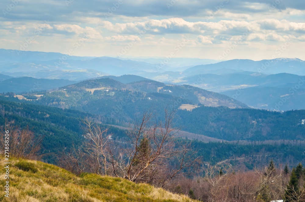 Fototapeta premium Beautiful spring mountain landscape. Fabulous view of the hills and valleys in Poland.