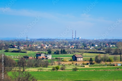 Spring urban landscape. Houses in the countryside in Poland.