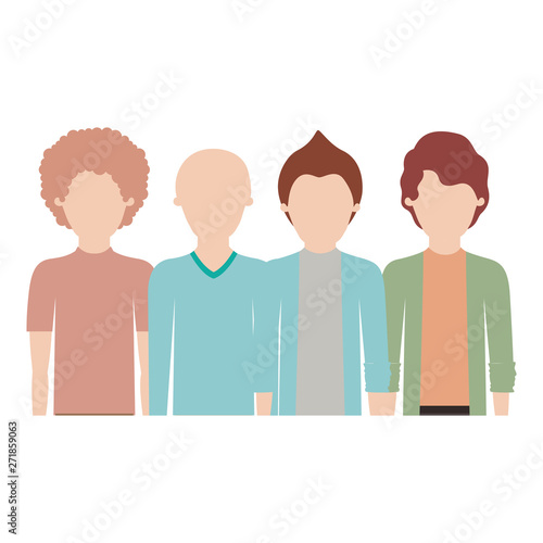 faceless men in half body with casual clothes with short hair and hairstyles different in colorful silhouette