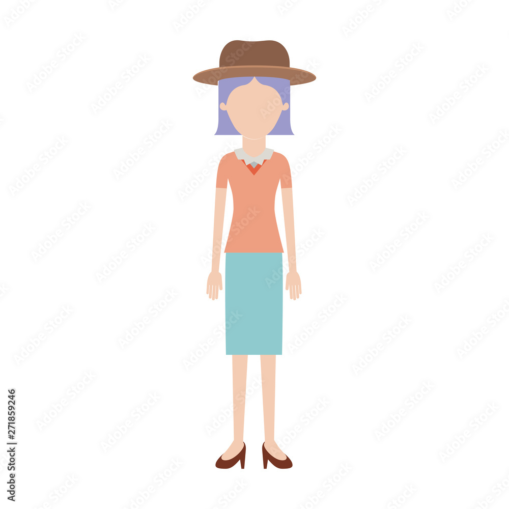 faceless woman with hat and blouse and skirt and heel shoes with short straight hair in colorful silhouette faceless woman with hat and blouse and skirt and heel shoes with short straight hair in colorful silhouette
