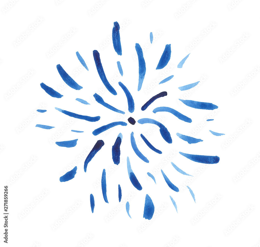 The blue fireworks isolated on white background, painted in watercolor ...