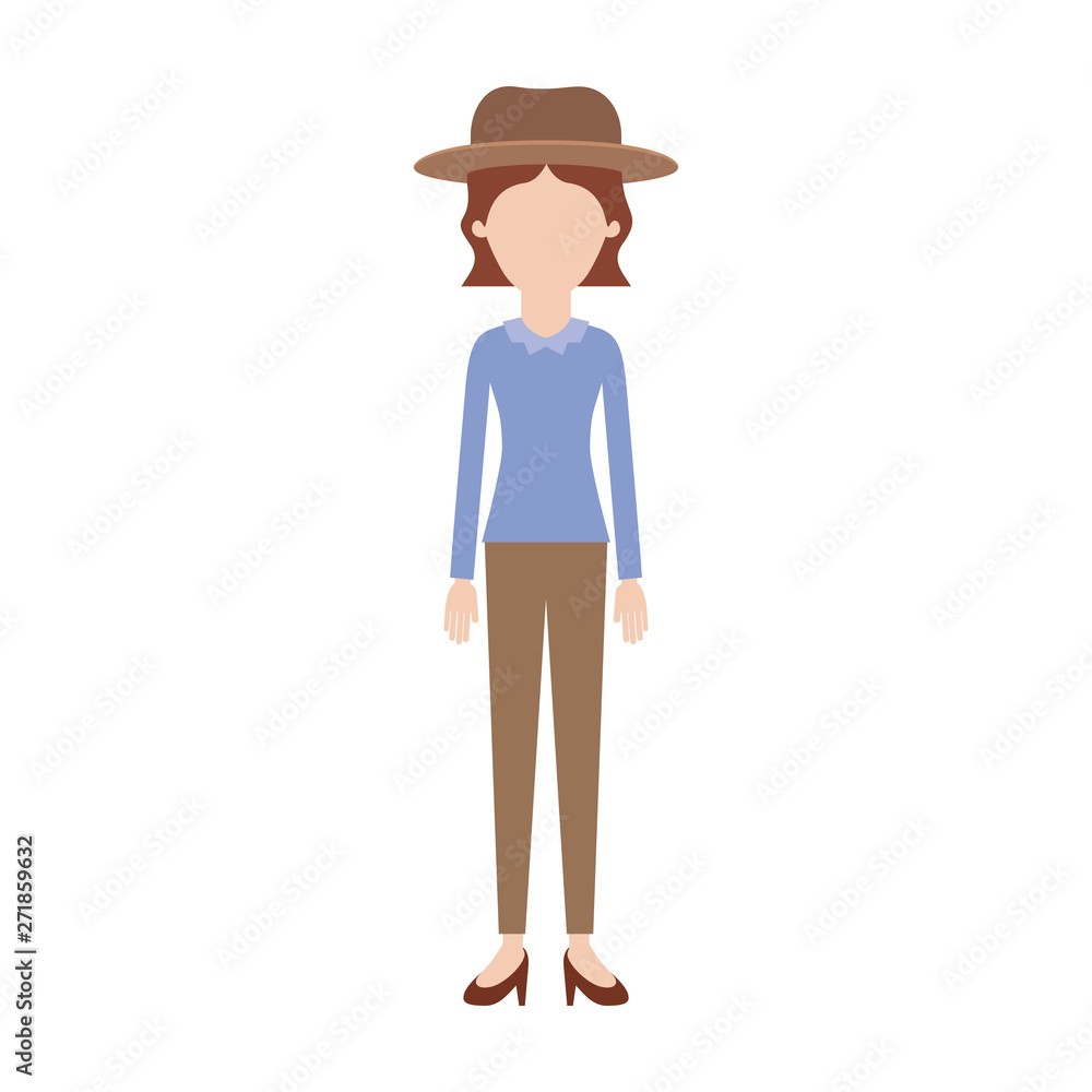 faceless woman with hat and blouse long sleeve and pants and heel shoes with short wavy hair in colorful silhouette