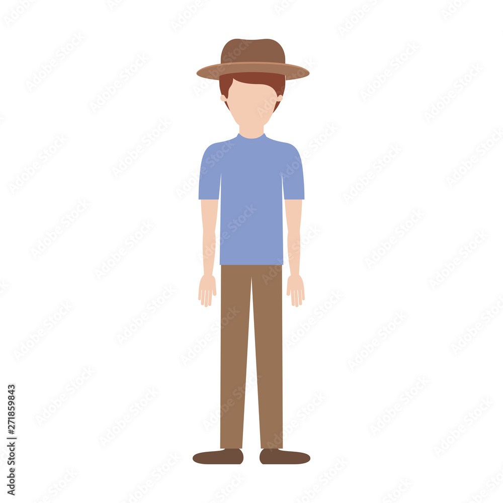 faceless man with hat and glasses and t-shirt and pants and shoes with short hair in colorful silhouette